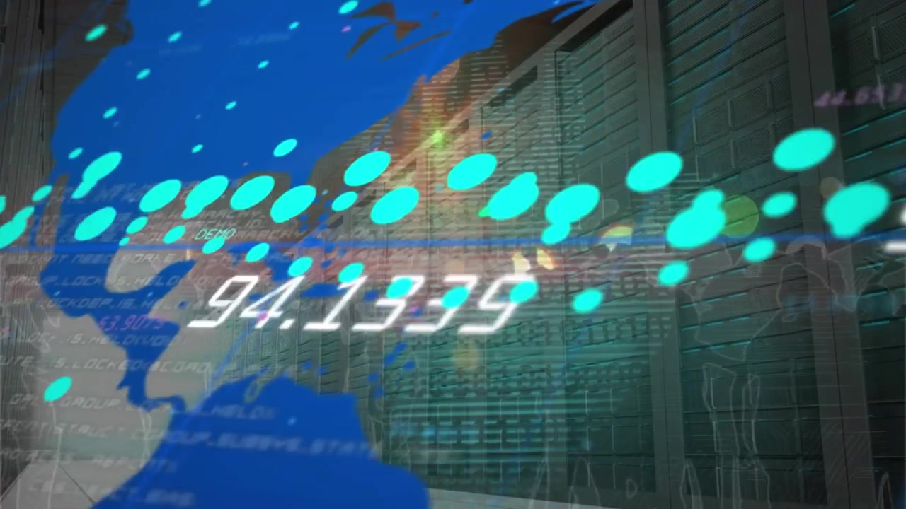 Animazione di mappa del mondo ed elaborazione dati su silhouette di persone che ballano in una sala server