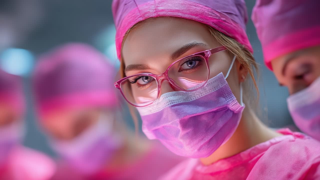 A Focused Medical Professional in Pink Surgical Attire and Glasses, Demonstrating Determination in a Clinical Environment Surrounded by Colleagues