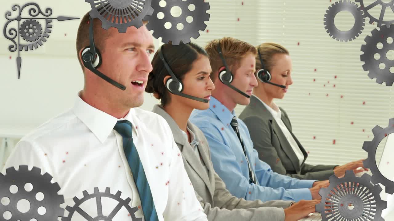 Animation of mechanical gears over diverse agents talking with customers wearing headphones