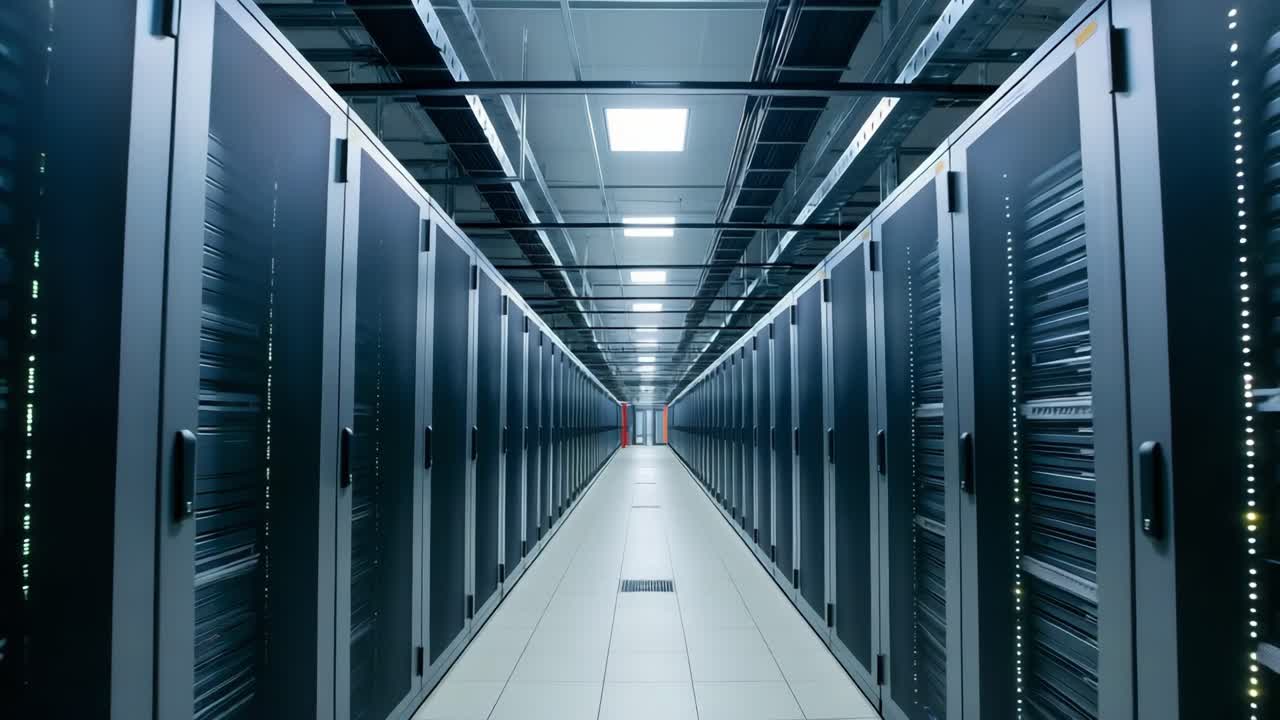 Network servers lining data center corridor, displaying intricate internet infrastructure with rows of blinking LED lights signaling complex digital storage and communication systems