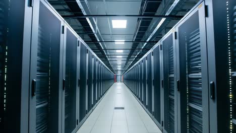 network servers lining data center corridor, displaying intricate internet infrastructure with rows of blinking led lights signaling complex digital storage and communication systems