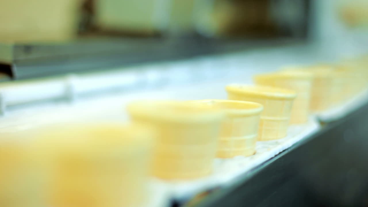 아이스크림 와플 생산 라인. 아이스크림 공장. 컨베이어에 와플 코너