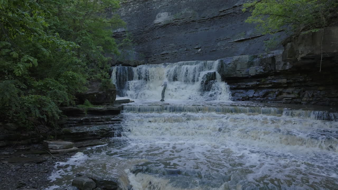 Rockway Falls in Ontario, Canada, cascading waterfall with lush greenery surrounding it