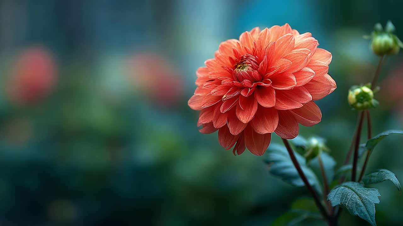 Una splendida dalia arancione in fiore, che mette in mostra i suoi petali vivaci e la sua bellezza naturale su uno sfondo verde sfocato