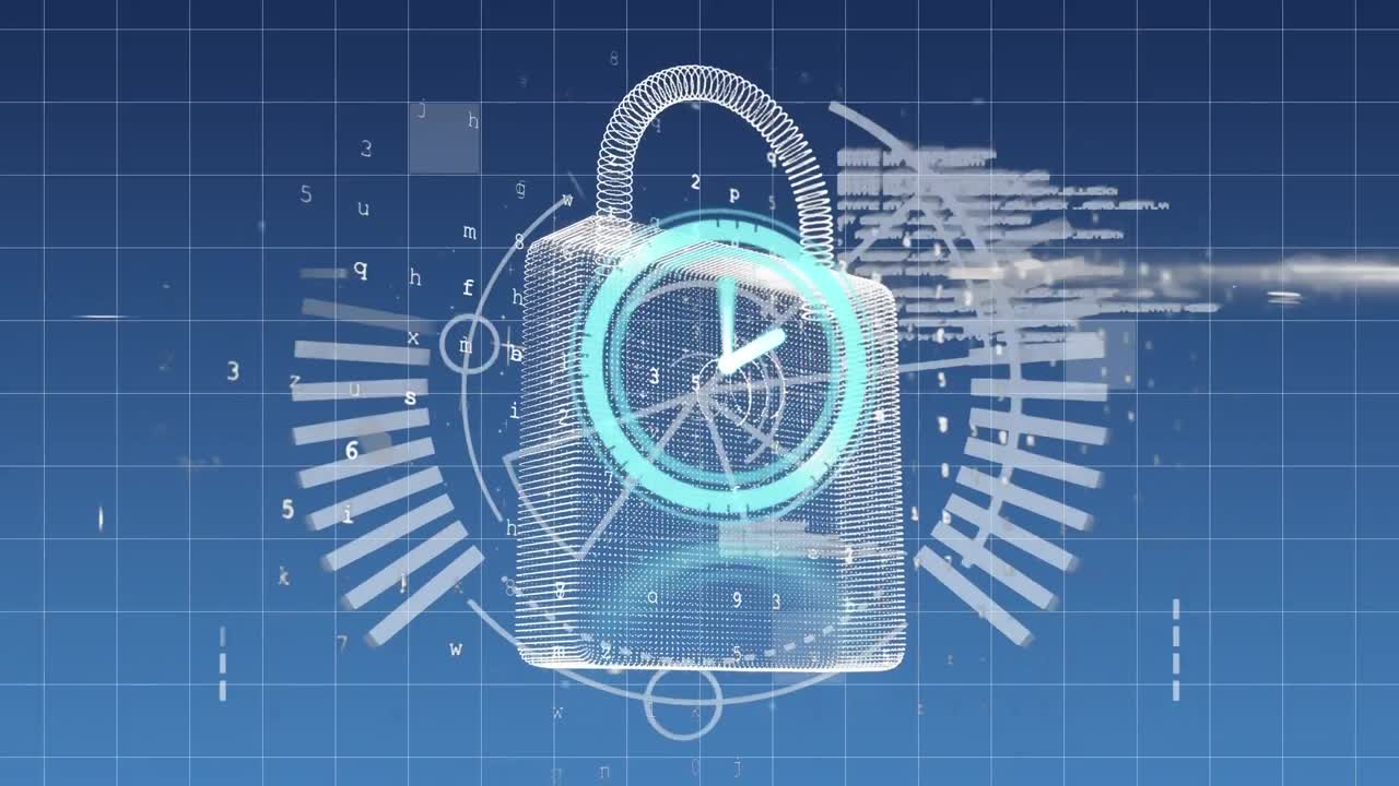 파란색 배경에 표시된 시계, 둥근 스캐너 및 보안 잠금 아이콘의 애니메이션