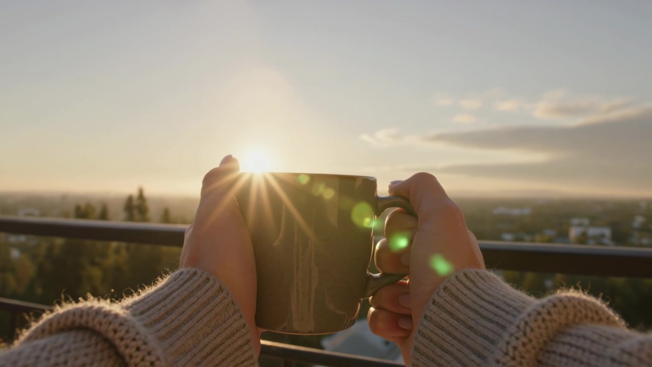 Levantando as mãos segurando uma caneca escura na varanda, alinhando a caneca para enquadrar o nascer do sol, mostrando mangas de tricô e anel.