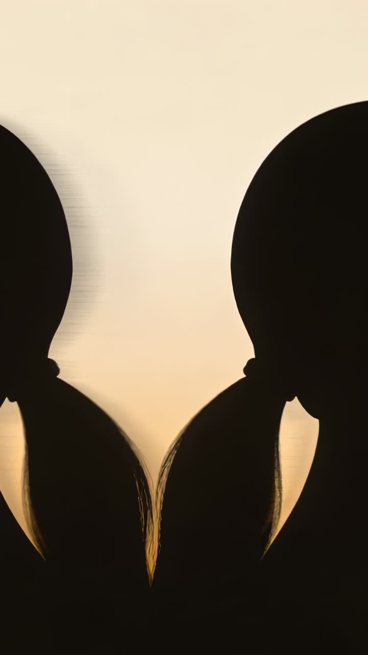 Vertical video: Blur starting two silhouettes settling in studio forming low ponytail symmetry