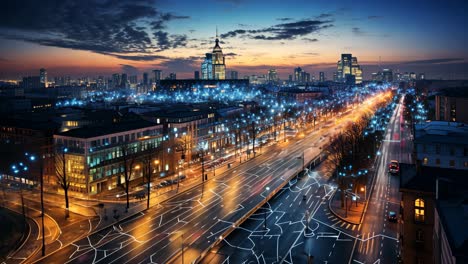 city skyline at dusk with illuminated streets and digital overlays