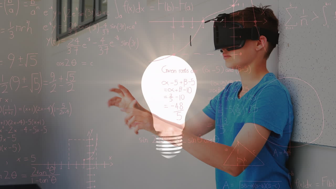 animazione di formule matematiche su uno scolaro caucasico che indossa un auricolare vr