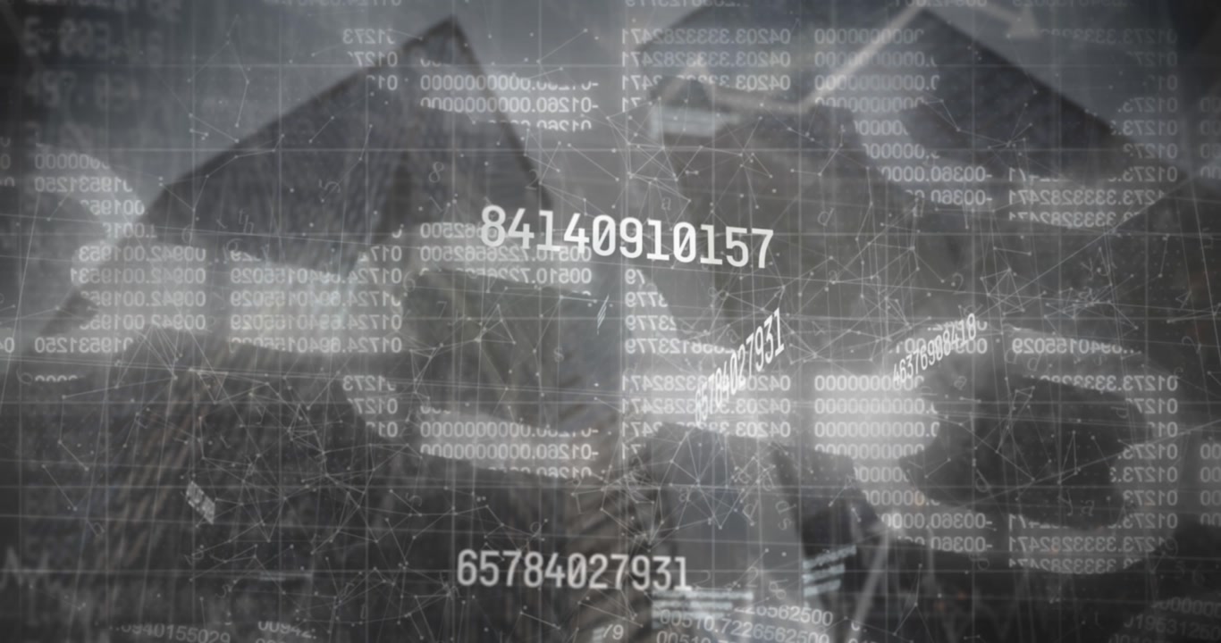 Animation of financial data processing over cityscape