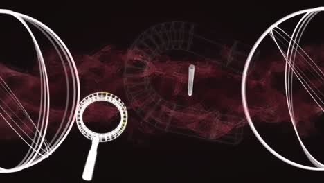 animación de iconos sobre círculos y formas rojas sobre fondo negro