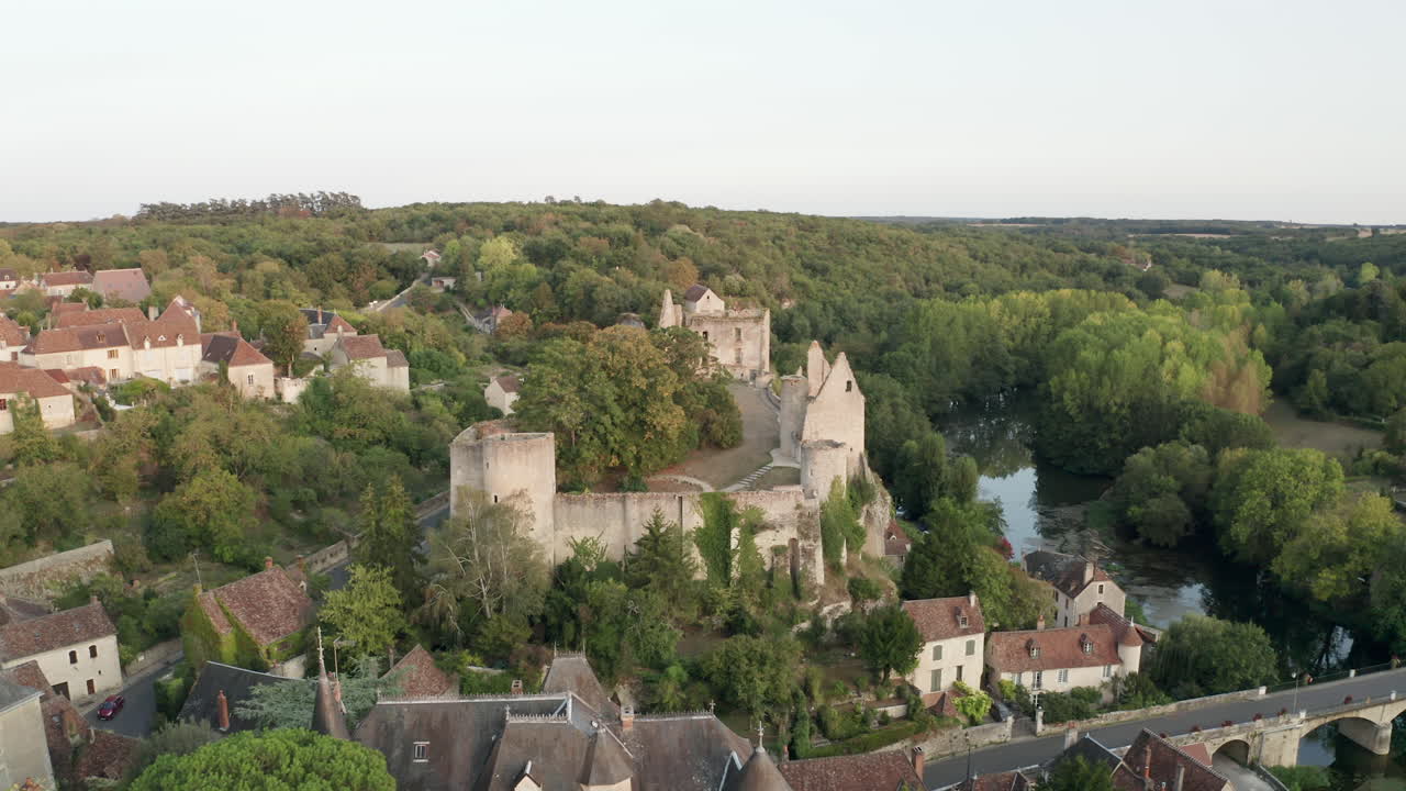 Labelled one of Les Plus Beaux Villages de France , an aerial point of view of the village of Angles sur l&rsquo;Anglin with the ruined castle overlooking the Anglin river