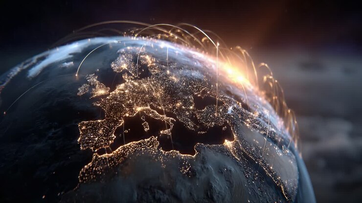 Esplorando le connessioni di una Terra illuminata digitalmente: una splendida vista dell'Europa dallo spazio che mostra le interazioni globali e le città illuminate di notte