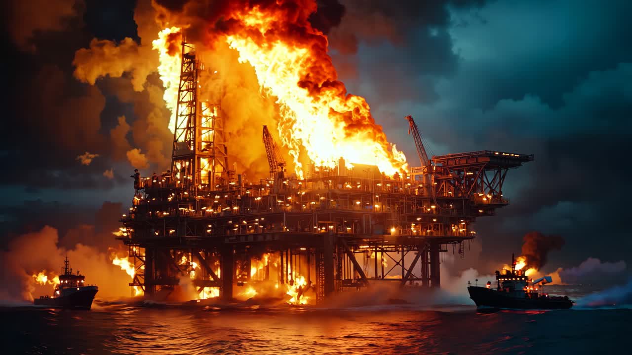 바다 에서 불타고 있는 석유 기지