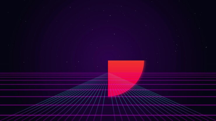 Retro Synthwave Style Background with Glowing Grid and Red Semicircle