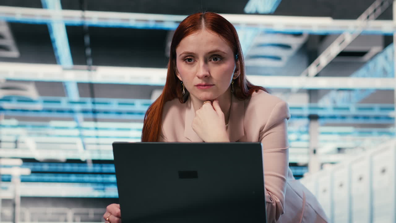 Focused Young Woman Working on Laptop in a Modern Data Center