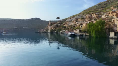 aerial view of historical village of old halfeti by euphrates river in sanliurfa, turkey