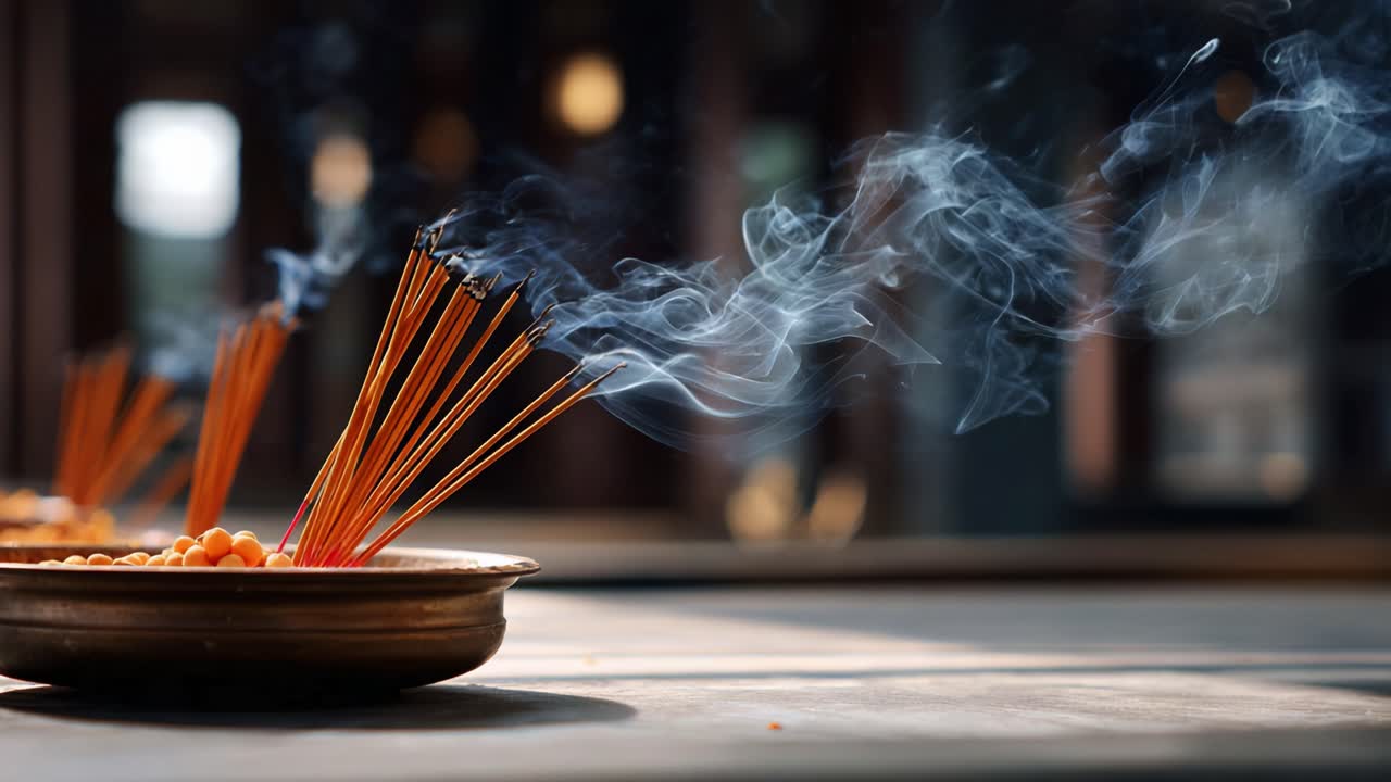 Incienso quemándose en un ambiente tranquilo, que emite un humo delicado en medio de una atmósfera de paz, lo que mejora la reflexión espiritual y la experiencia de meditación