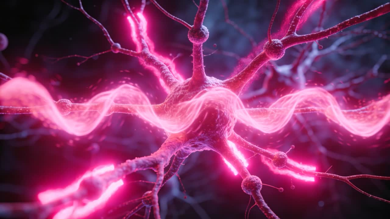 Reacting to pink wave, neuron soma pulsing, sending ribbon across dark field, sparking boutons