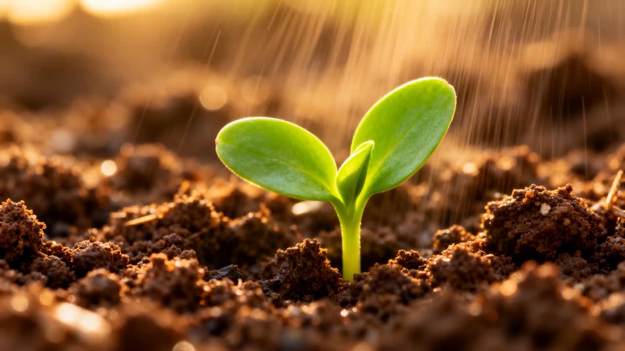 Emerging green seedling rising from soil in garden, getting fine water and warm light for growth