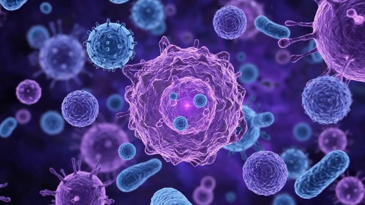 Visione microscopica di virus e cellule batteriche