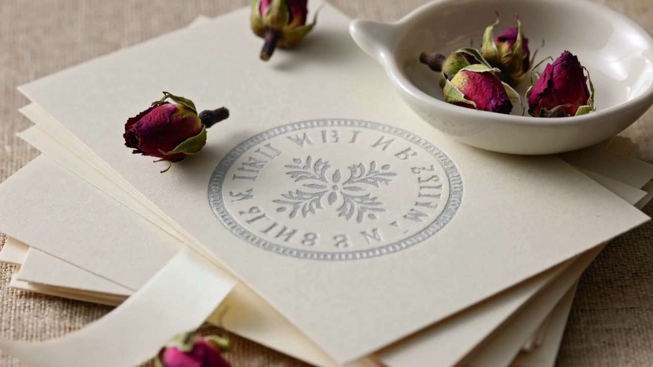 Pulling hand sliding ribbon over cream cards on linen table, revealing floral seal and rosebuds