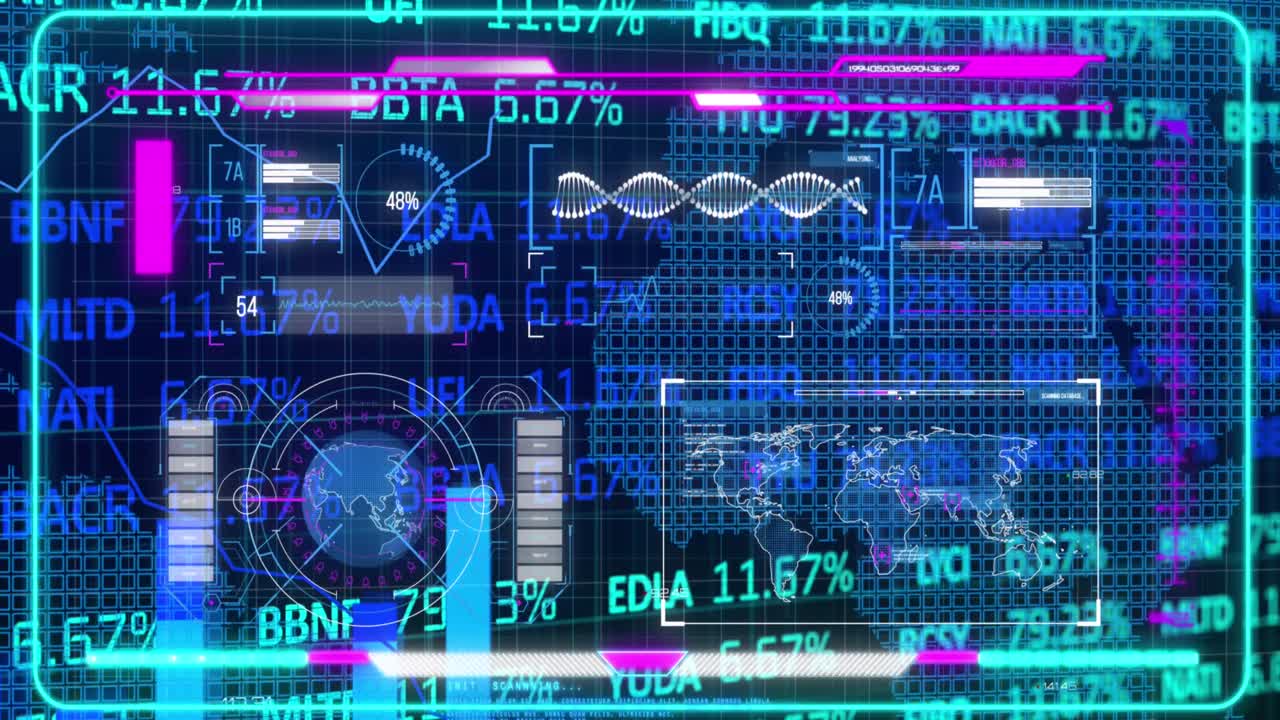 animación de la interfaz digital y el procesamiento de datos del mercado de valores contra un fondo azul.