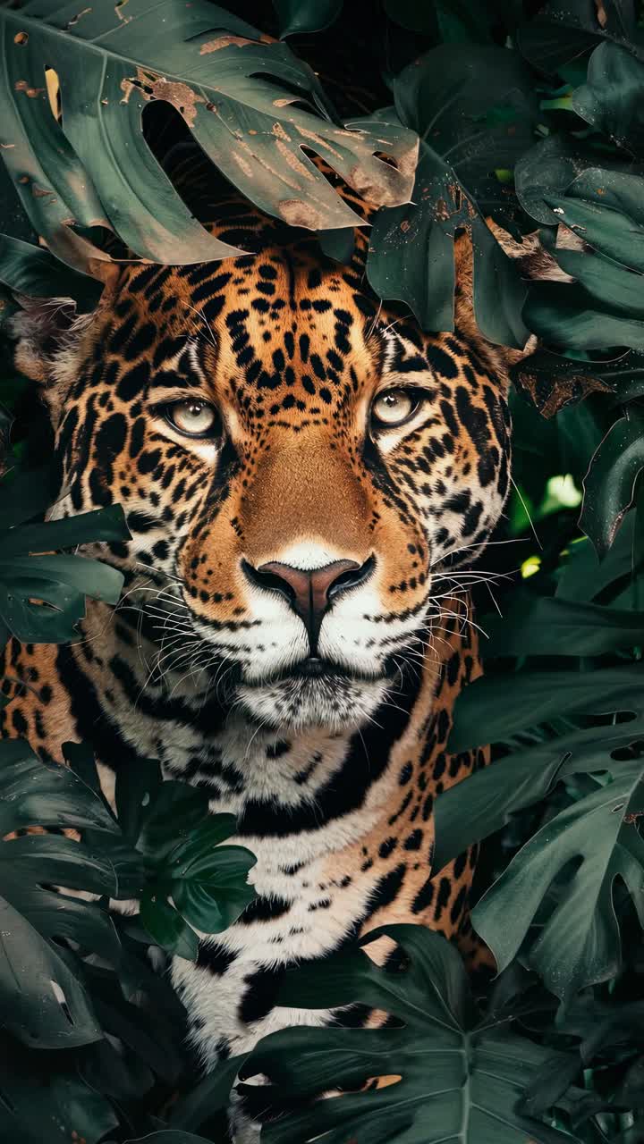 A jaguar camouflaged among lush green leaves, captured from a low-angle, creating a dramatic