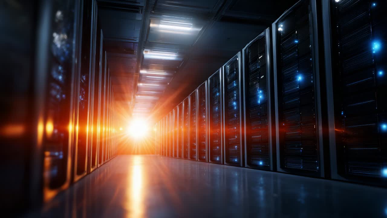 A View into the Heart of Modern Data Centers: Illuminated Servers and Cutting-Edge Technology Highlight the Expansive Infrastructure Supporting the Digital Age with Brilliant Light and Sleek Design