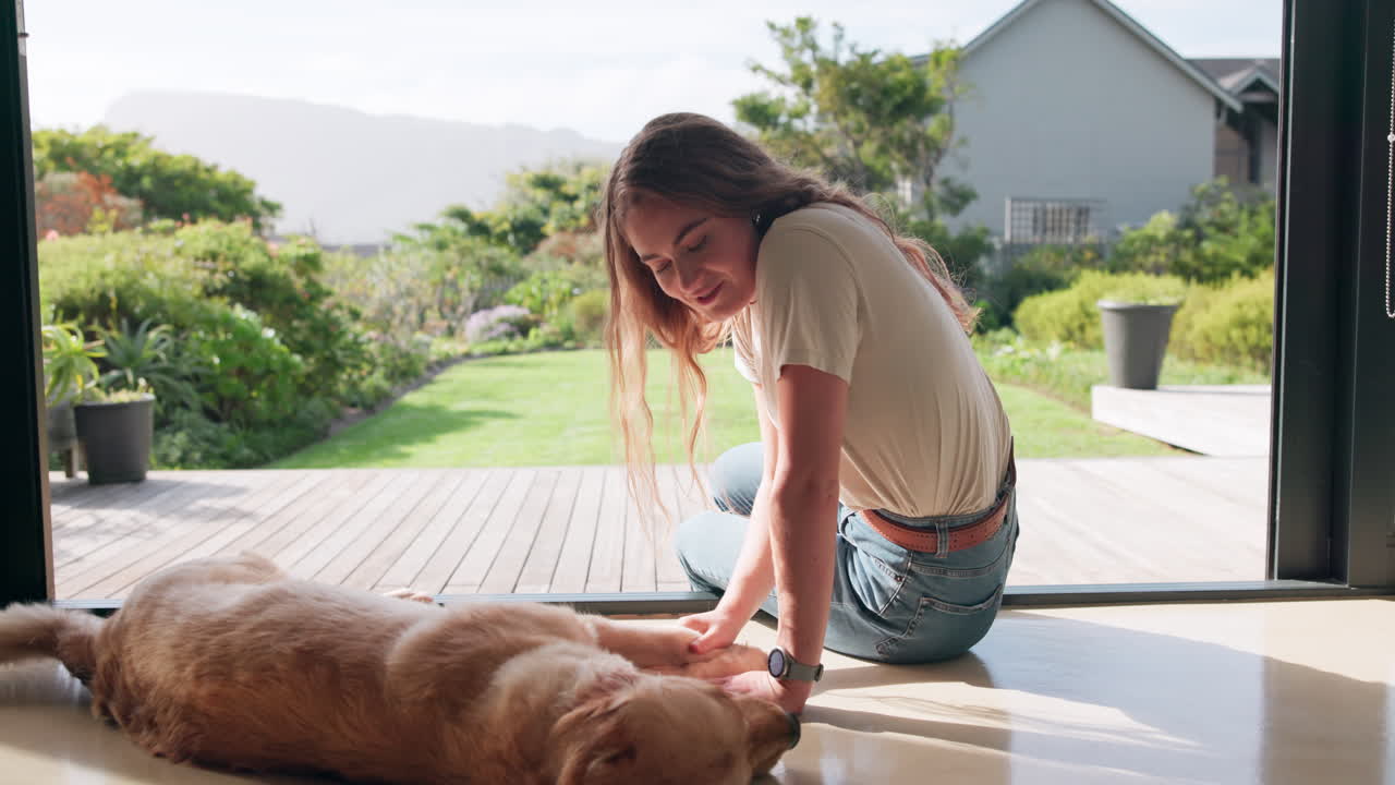 A woman plays with her golden retriever at home