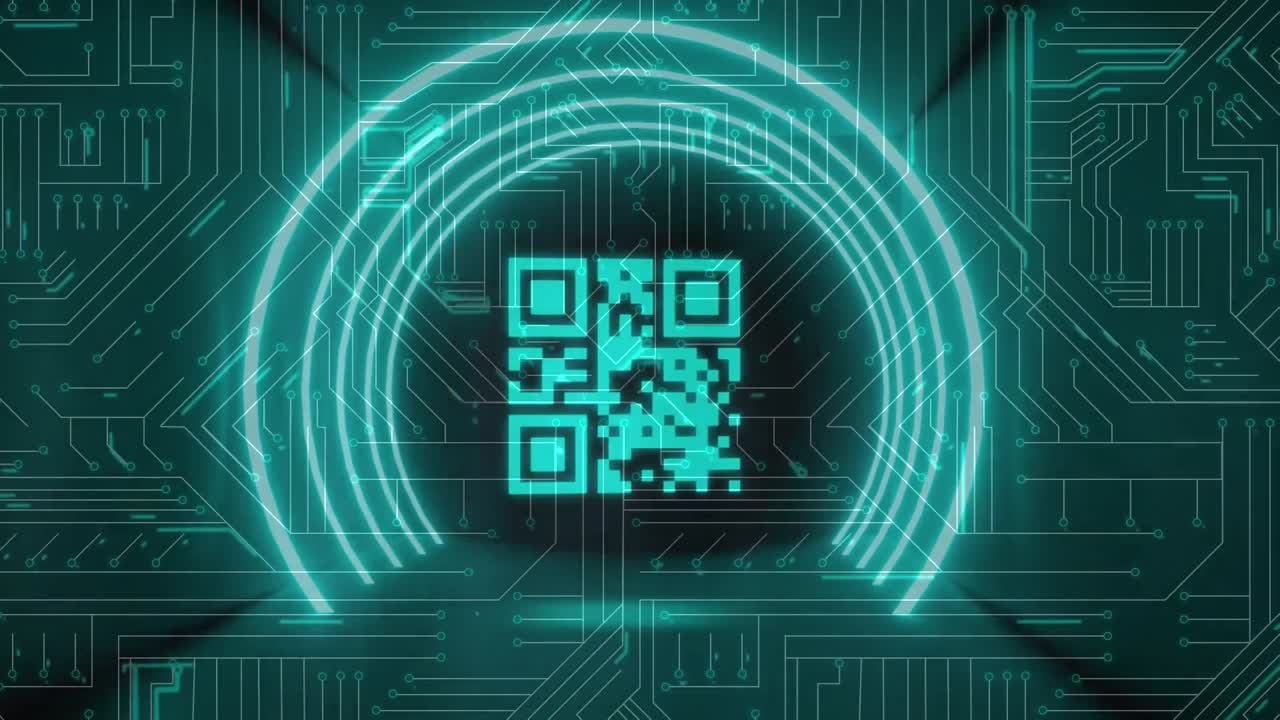 QR code scanner with neon elements against microprocessor connections