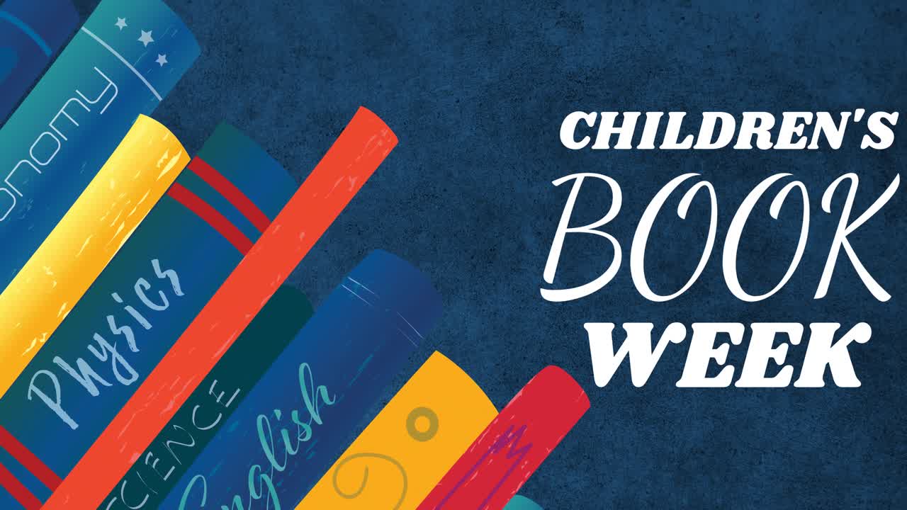 Animation of children's book week text over books on blue background