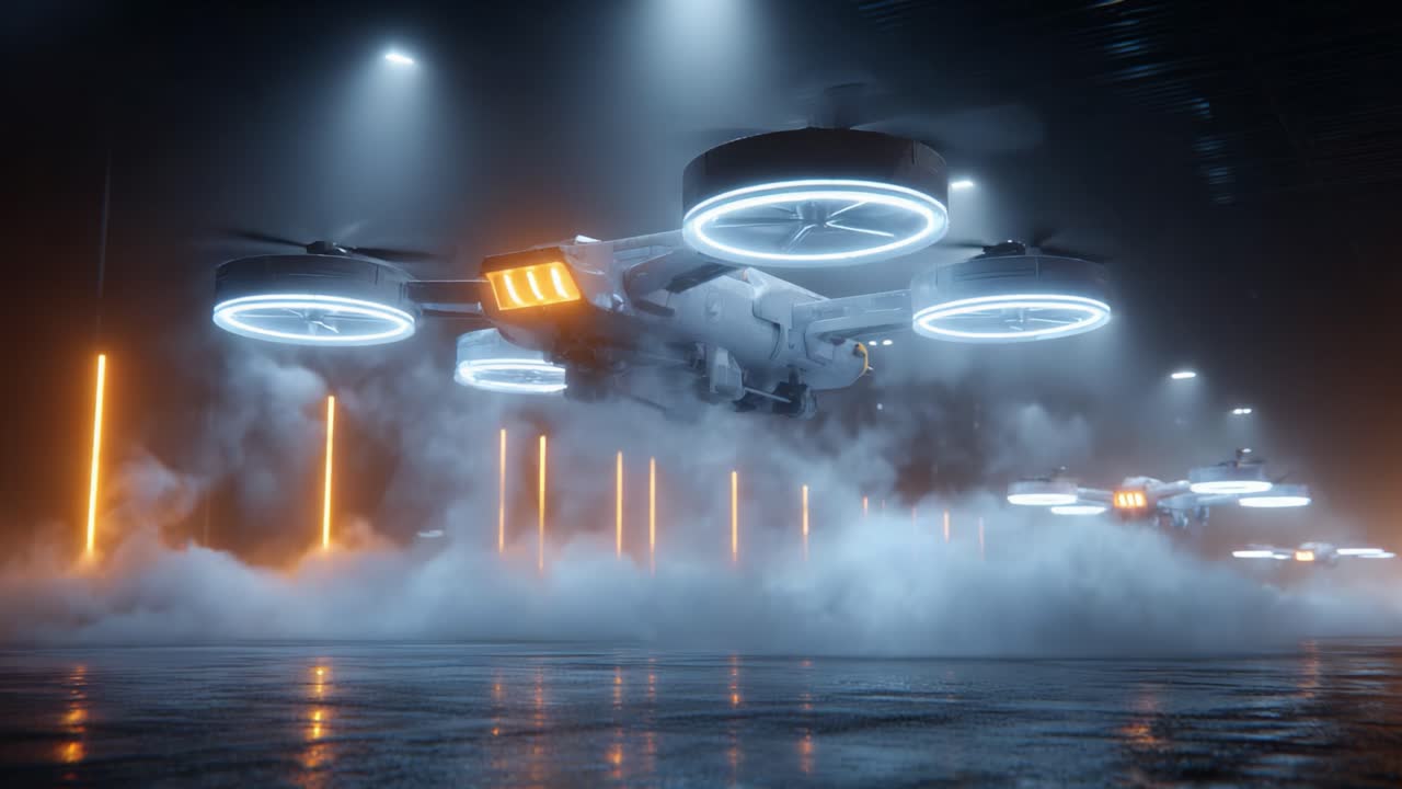 Futuristic Drones Taking Flight in a High-Tech Environment with Neon Lights and Mist, Showcasing Advanced Aerial Technology and Design Innovations