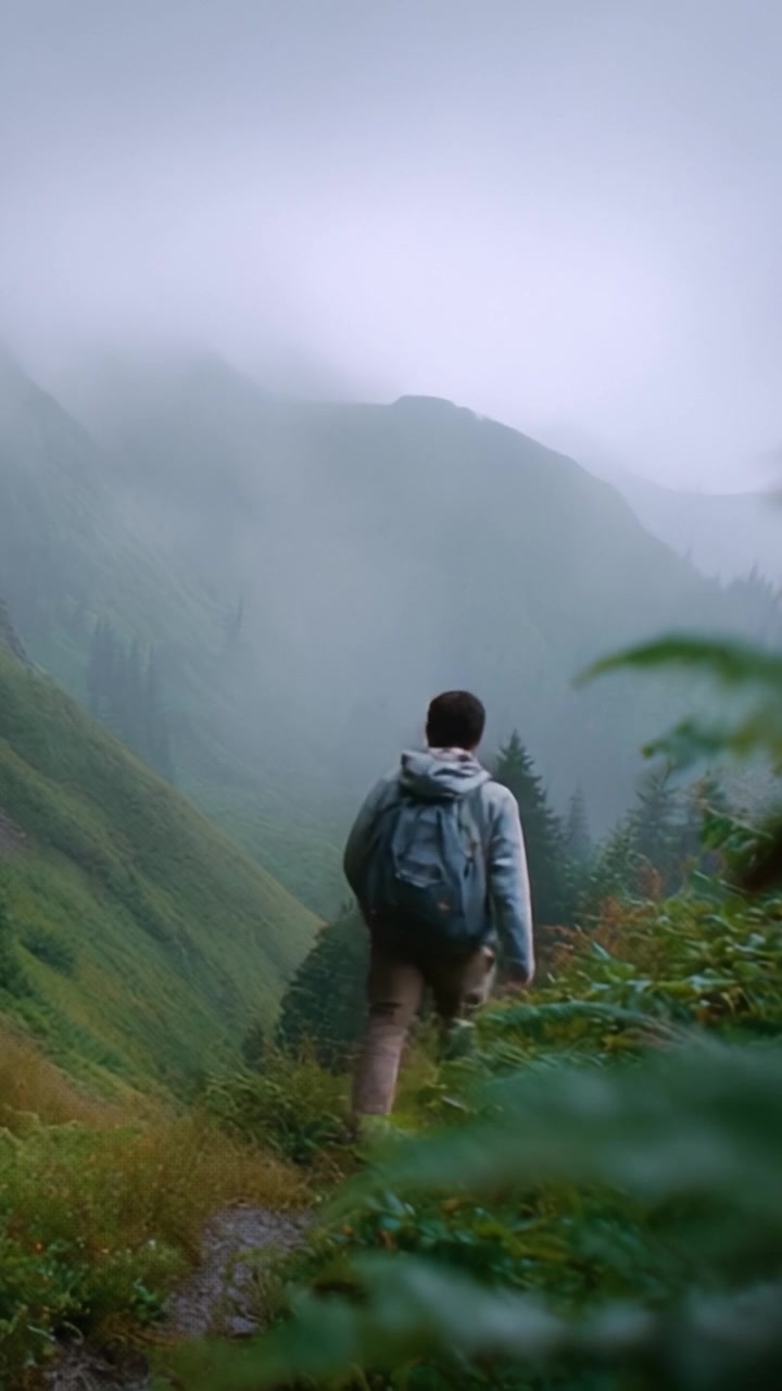 A lone hiker traverses a foggy mountain trail, surrounded by lush greenery and misty peaks, capturing the essence of adventure in nature's embrace.