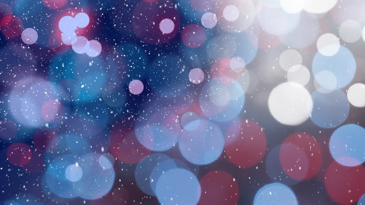 눈이 떨어지고 크리스마스 요정의 불빛이 검은 배경 위에서  ⁇ 박이는 애니메이션