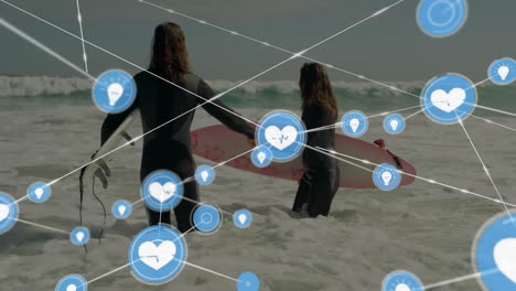 network of health data animation over surfers entering ocean with surfboards