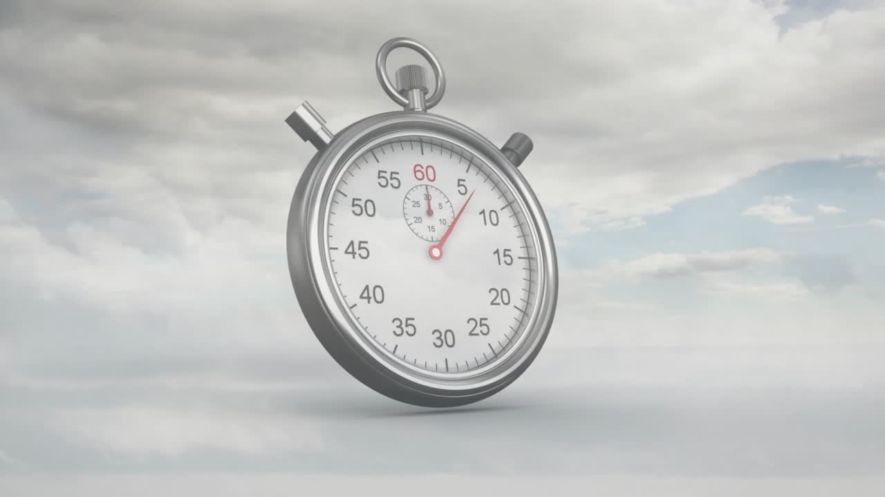 Subtle click starting red second hand rotating clockwise per second measuring time over white plane