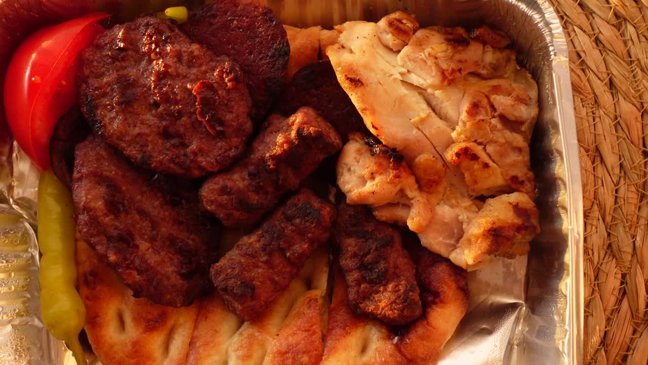 Grilled Chicken and Köfte in a Disposable Container