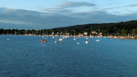 aerial view flying drone of town herrsching at ammersee lake, popular excursion and recreation place near munich, bavaria, germany