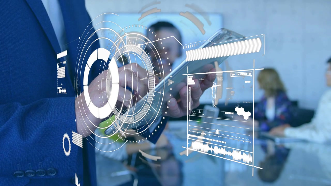 Person in blue suit tapping tablet creating expanding AR HUD with charts, wave, avatar for business