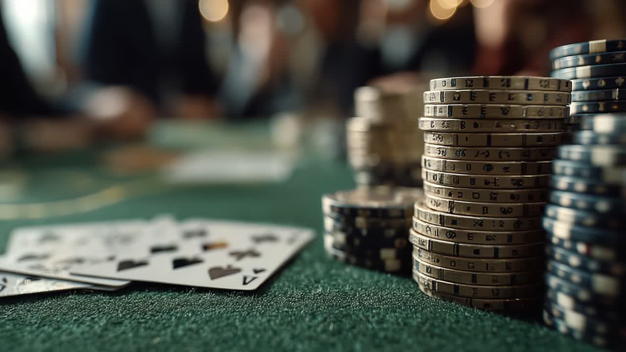 An Engaging Casino Scene Featuring Stacked Poker Chips and Playing Cards on a Green Felt Table, Capturing the Excitement of Gambling and Card Games