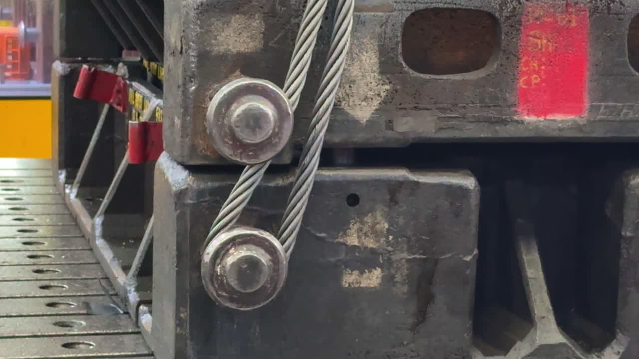 Close-up shot of heavy-duty crane sling cables secured to a massive steel block. The scene highlights industrial lifting equipment, metal textures, and rugged engineering details