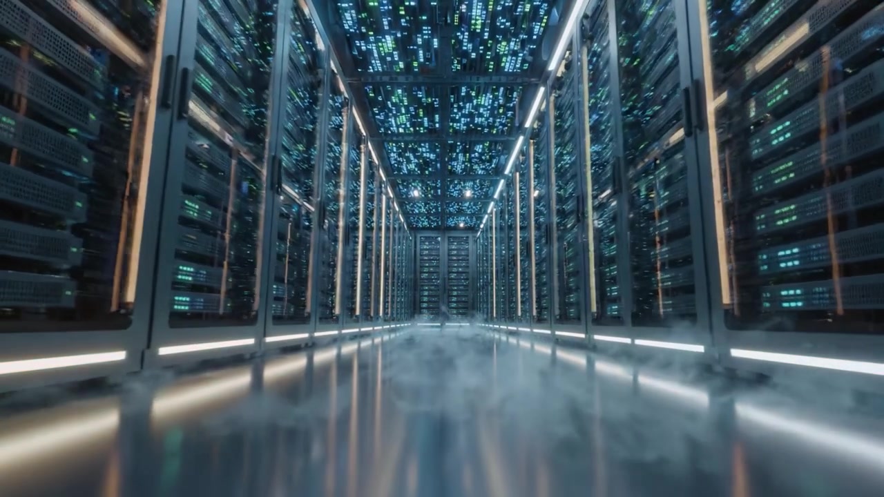Exploring a High-Tech Data Center: A Glimpse Inside the Futuristic World of Server Racks and Network Connections in a Dimly Lit Environment