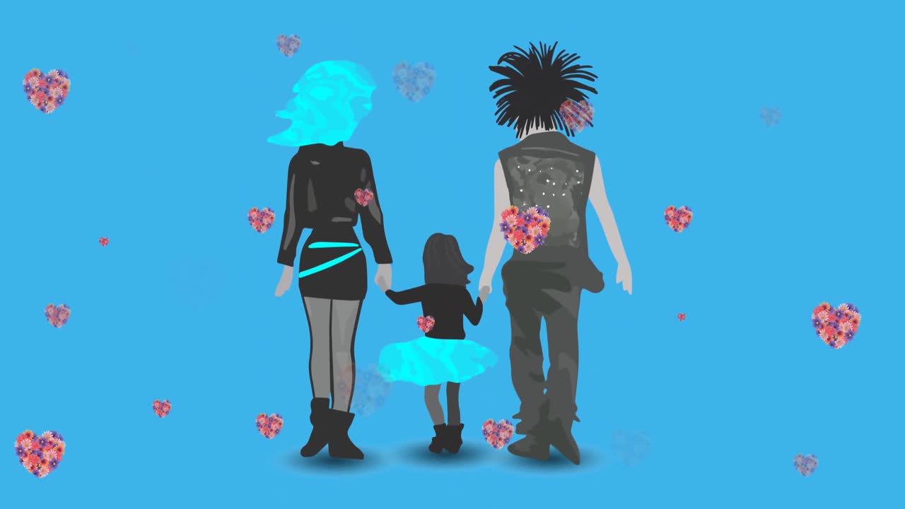 animación de una ilustración de padres punk tomados de la mano con su hija, con corazones florales en azul