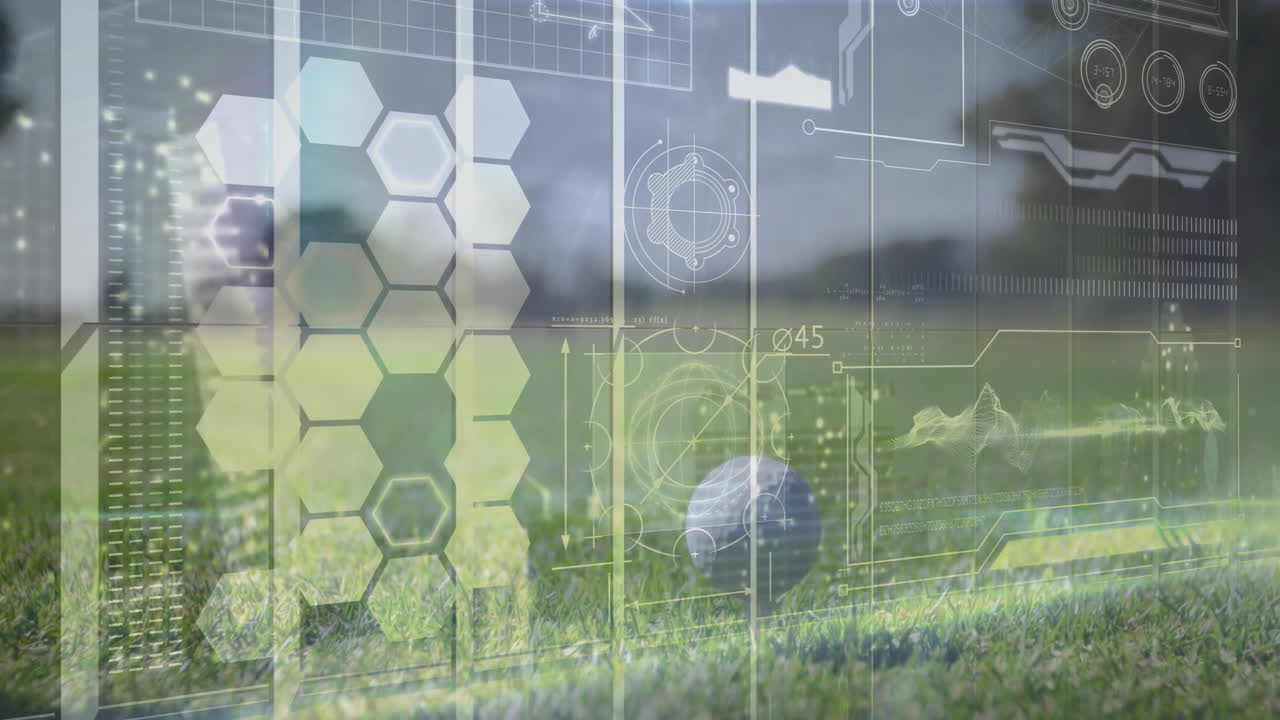 Golf ball sitting on manicured grass, showing digital sports tech HUD overlay with hex grid panels