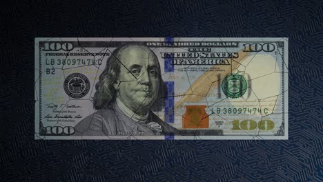 one hundred dollar banknote falls crashing on a computer circuit board