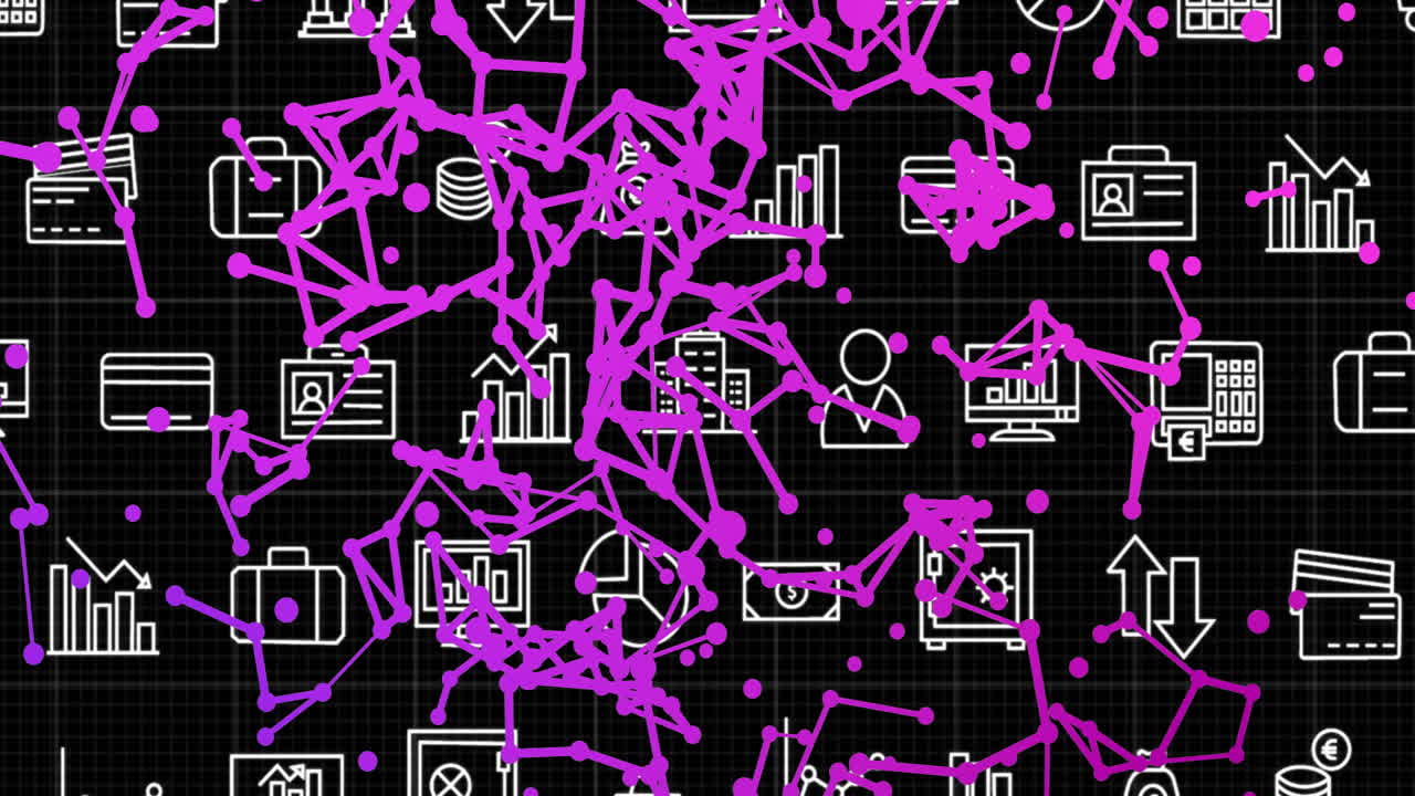 Animation of purple network connections over business icons on black background