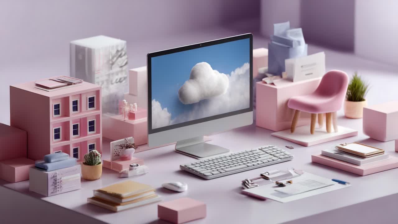 A Serene Workstation with Soft Pastel Colors and a Dreamy Cloudscape Displayed on the Monitor, Perfect for Inspiring Creativity and Tranquility in a Home Office Setting