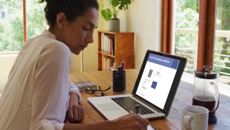 Woman-working-at-desk,-covid-vaccination-certificate-with-qr-code-and-eu-flag-on-laptop-screen