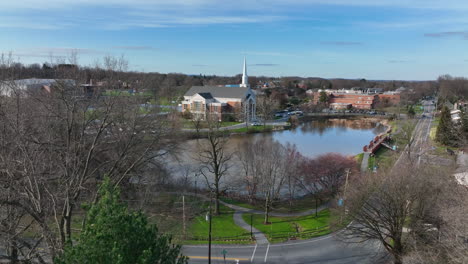 Rising-aerial-reveal-of-church-chapel-and-Elizabethtown-College,-Lancaster-PA-USA